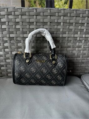 GUESS black Mini Barrel Satchel with Logo Pattern